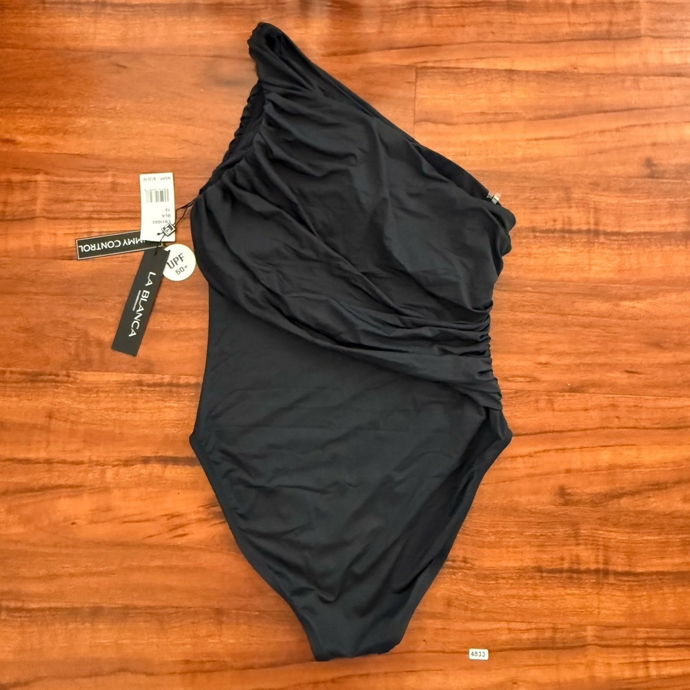 La Blanca Island Goddess Shirred One Shoulder Swimsuit Womens Size 12 NWT $120 - Picture 4 of 10